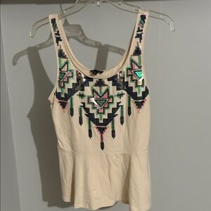 Express Cream Tank with Beaded Aztec Neckline